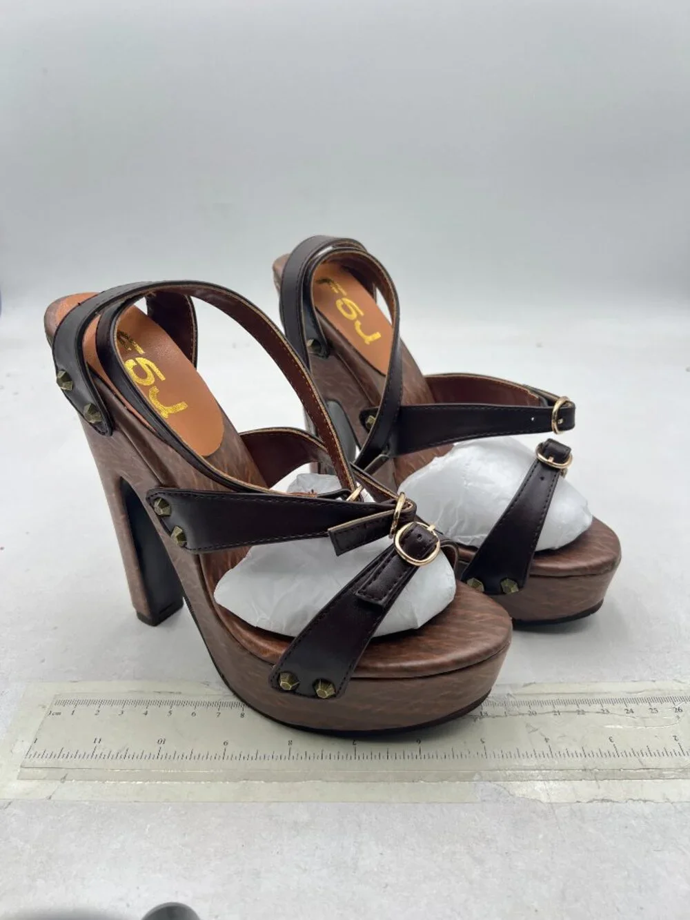 FSJ Brown Open Toe Triple Buckle Straps Clog Heels Studded Platform Sandals